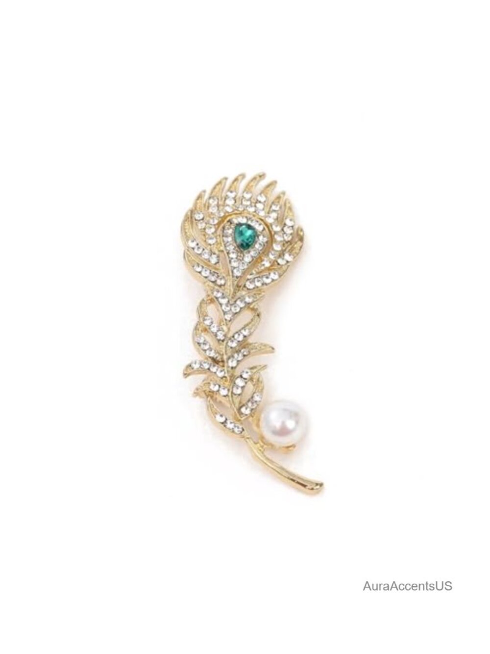 Rhinestone Crystal Feather Brooch Pin Gold Plated Women Vintage Jewelry